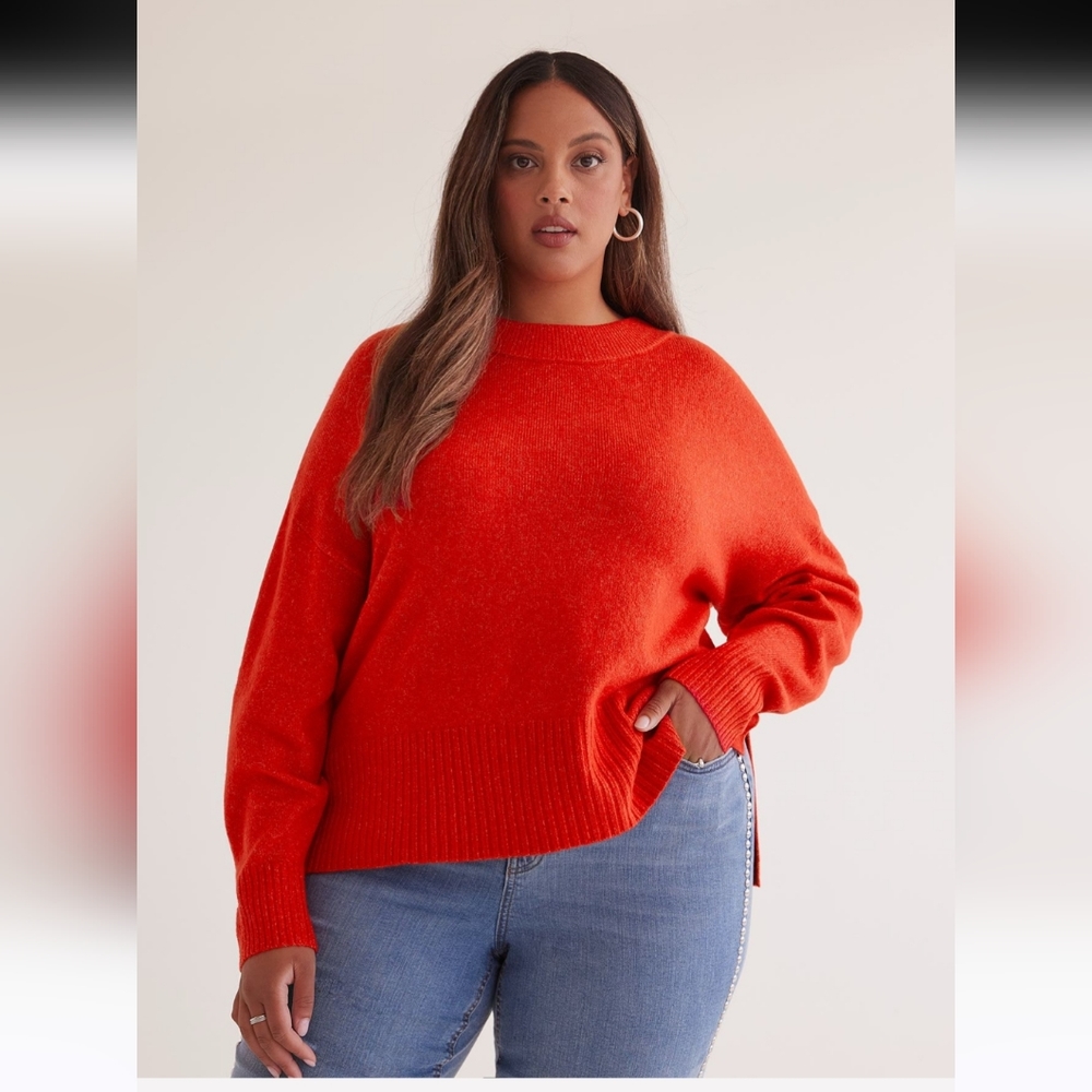 Penningtons POPPY RED Crewneck Sweater with High Side Slits Size 1X